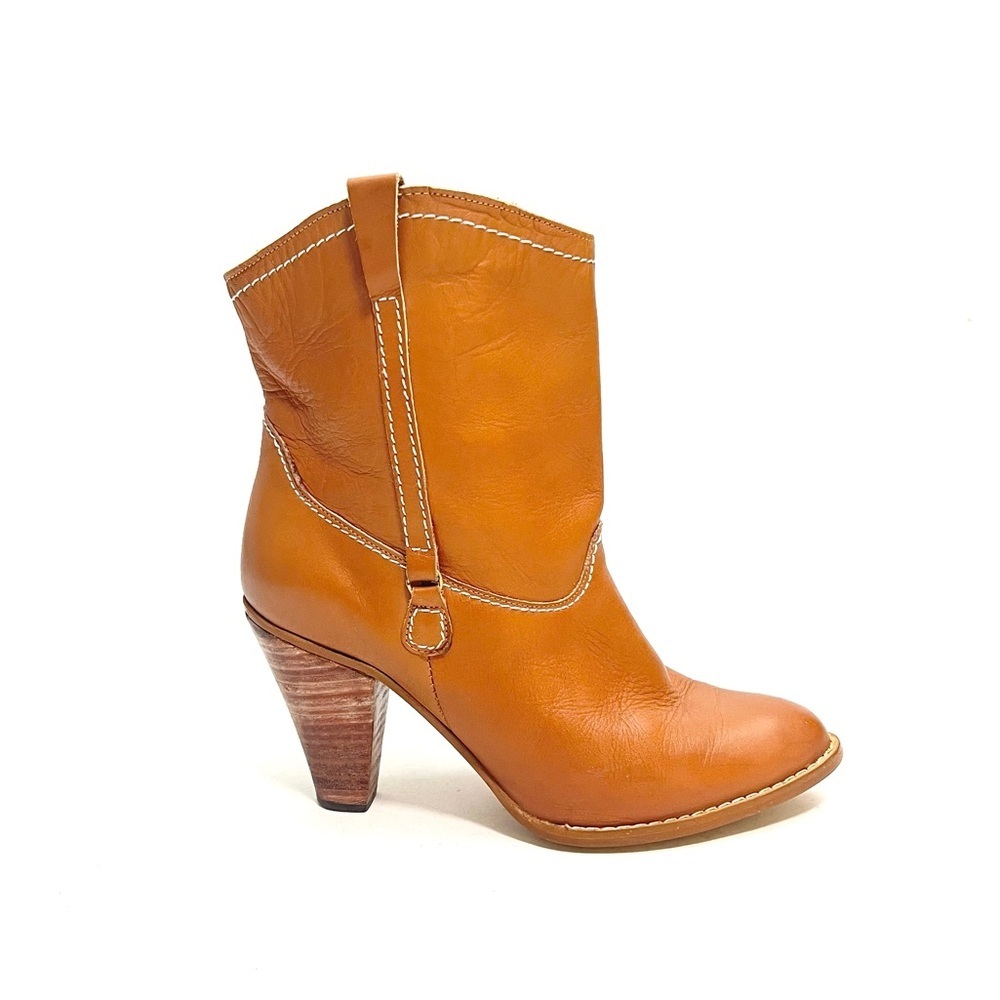 Vintage 1970s tan leather wooden stacked heel western pull on ankle boots